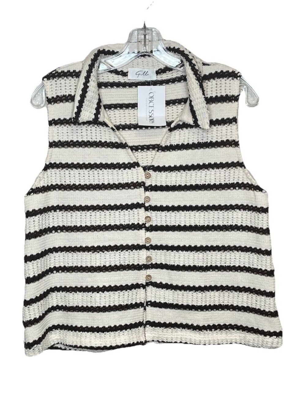 Gilli Day Drifter Stripe Knit Tank Top Large Collared Button Front Coastal NWT